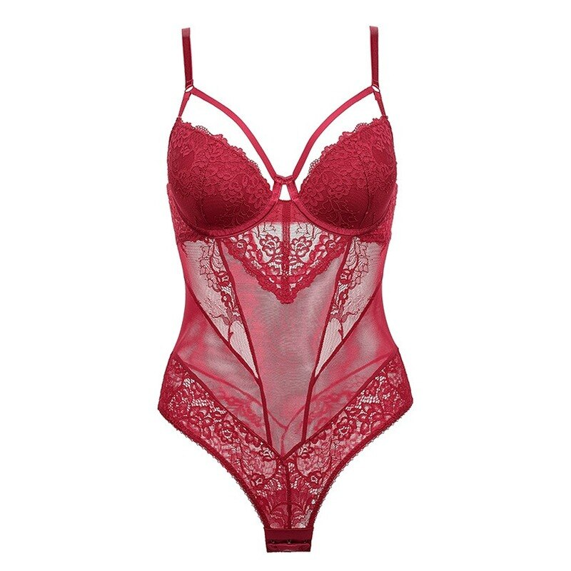 Body sexy transparant in kant met een diepe V-hals
