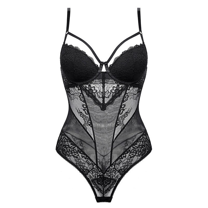 Body sexy transparant in kant met een diepe V-hals